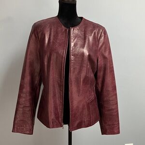 Caslon Burgundy Leather Jacket Size Large Classic Minimal Zip Front